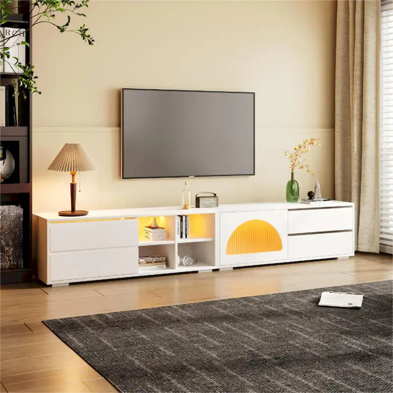 Modern TV Stand with Tempered Glass Door, LED Lighting and Two Drawers