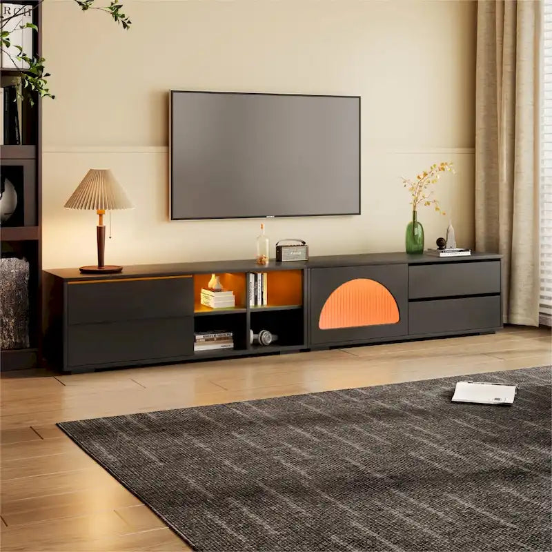 Modern TV Stand with Tempered Glass Door, LED Lighting and Two Drawers