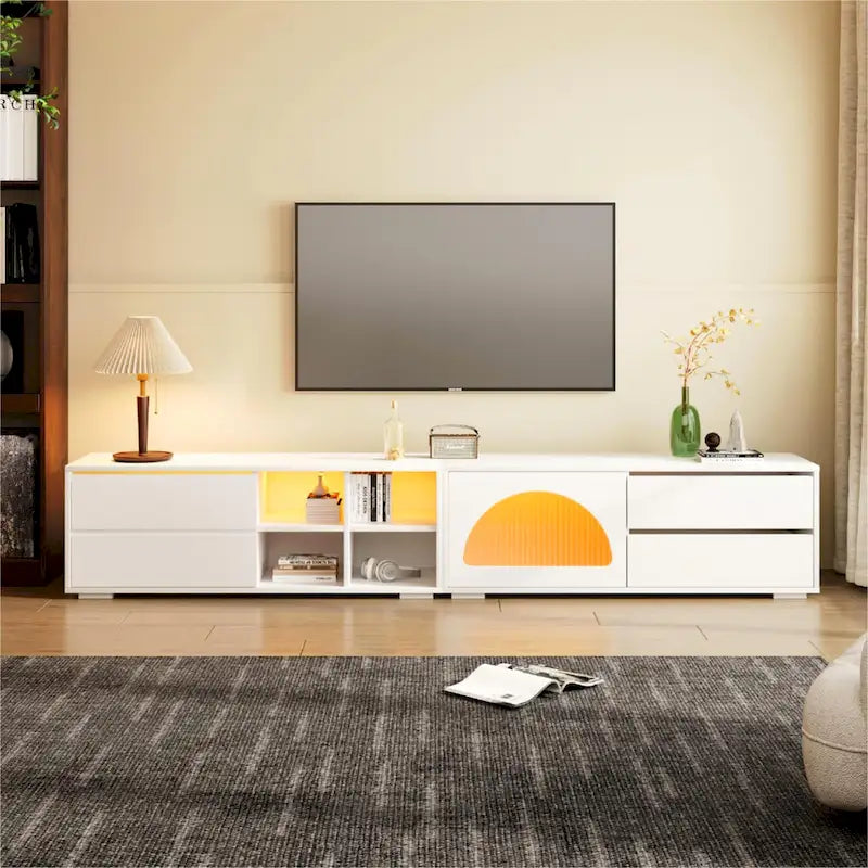 Modern TV Stand with Tempered Glass Door, LED Lighting and Two Drawers