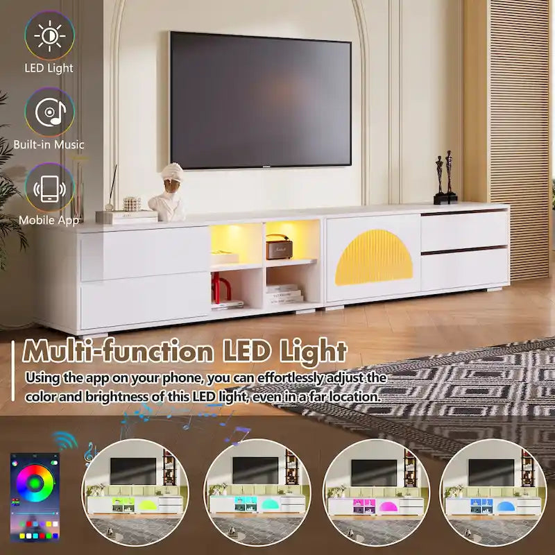 Modern TV Stand with Tempered Glass Door, LED Lighting and Two Drawers