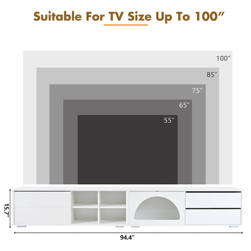 Modern TV Stand with Tempered Glass Door, LED Lighting and Two Drawers