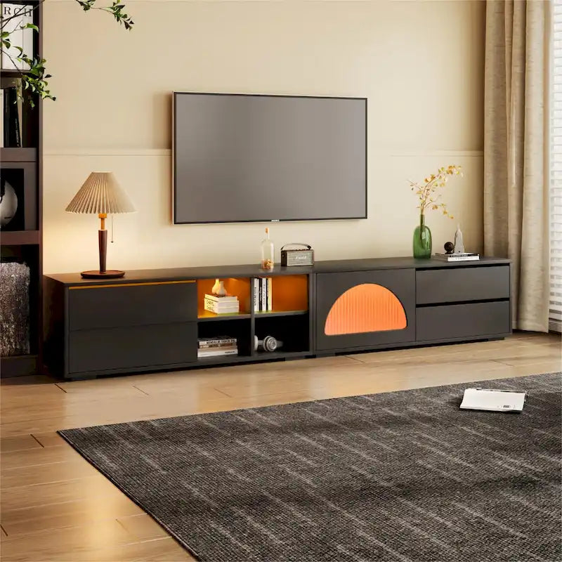 Modern TV Stand with Tempered Glass Door, LED Lighting and Two Drawers
