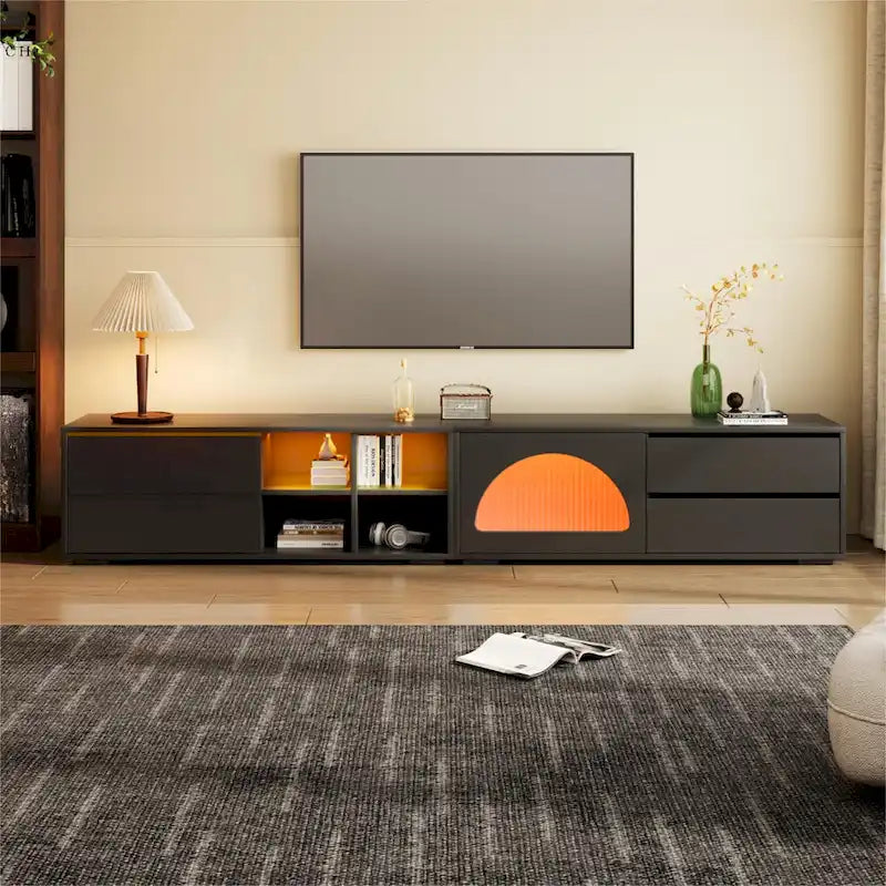Modern TV Stand with Tempered Glass Door, LED Lighting and Two Drawers