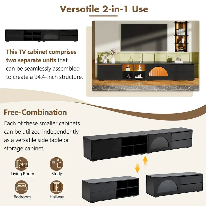 Modern TV Stand with Tempered Glass Door, LED Lighting and Two Drawers