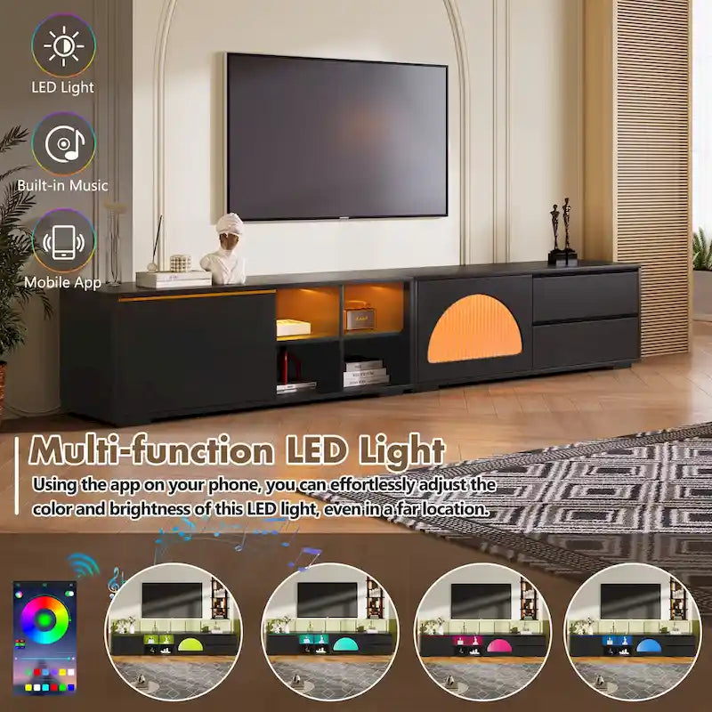 Modern TV Stand with Tempered Glass Door, LED Lighting and Two Drawers
