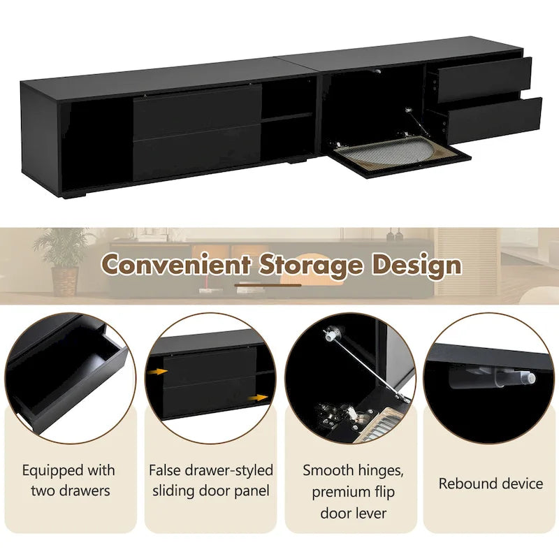 Modern TV Stand with Tempered Glass Door, LED Lighting and Two Drawers