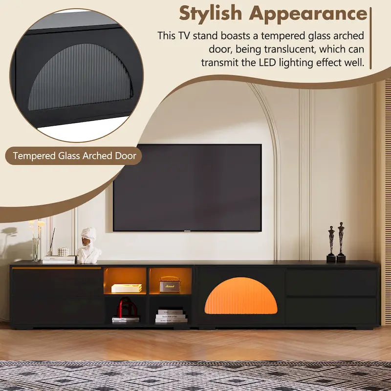 Modern TV Stand with Tempered Glass Door, LED Lighting and Two Drawers
