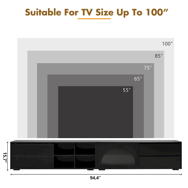 Modern TV Stand with Tempered Glass Door, LED Lighting and Two Drawers
