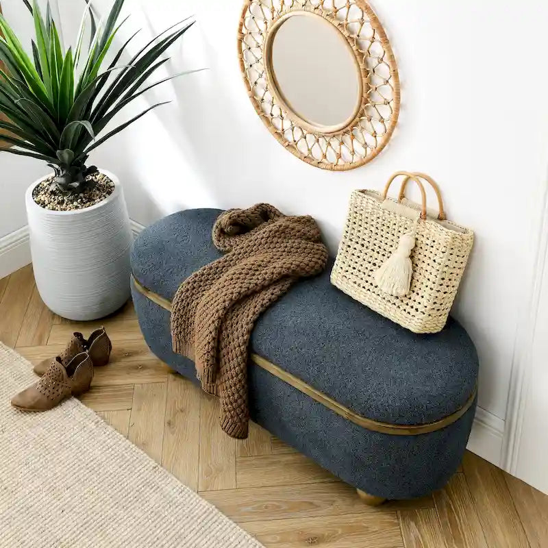 Textured Upholstered Storage Ottoman Bench with Foam Seat and Oval Wood Legs