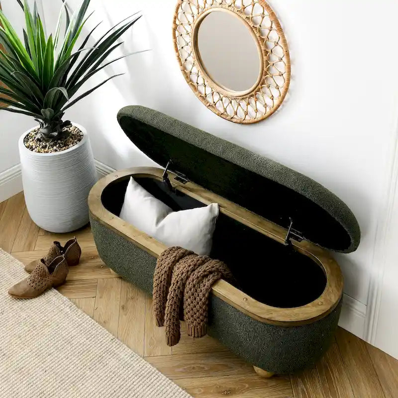 Textured Upholstered Storage Ottoman Bench with Foam Seat and Oval Wood Legs