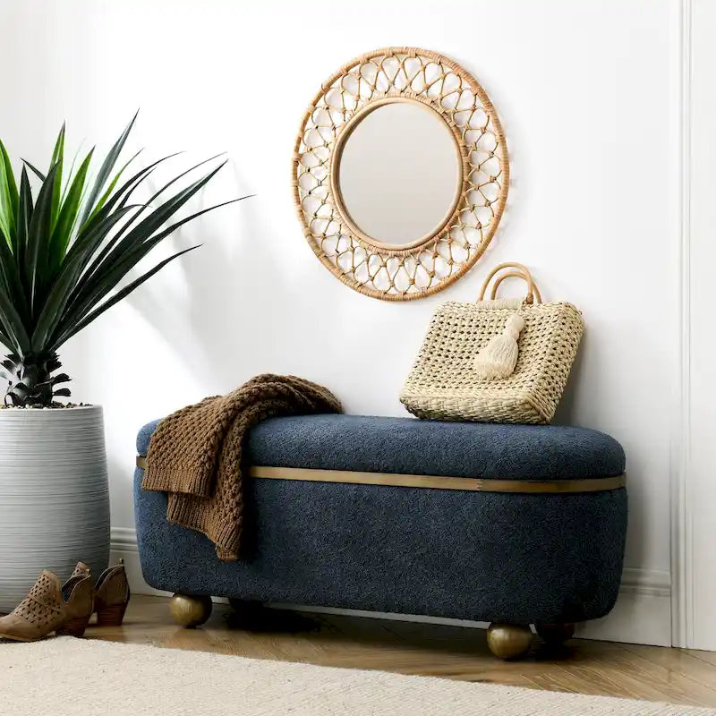 Textured Upholstered Storage Ottoman Bench with Foam Seat and Oval Wood Legs