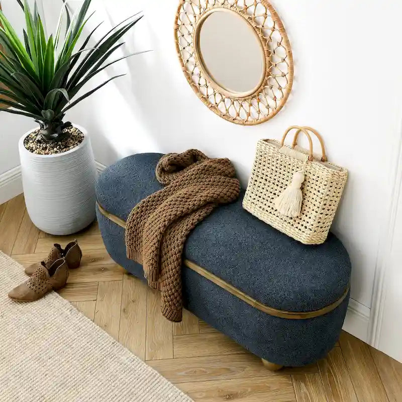 Textured Upholstered Storage Ottoman Bench with Foam Seat and Oval Wood Legs