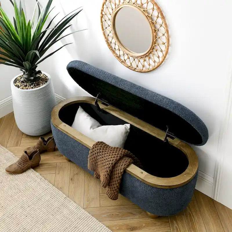 Textured Upholstered Storage Ottoman Bench with Foam Seat and Oval Wood Legs