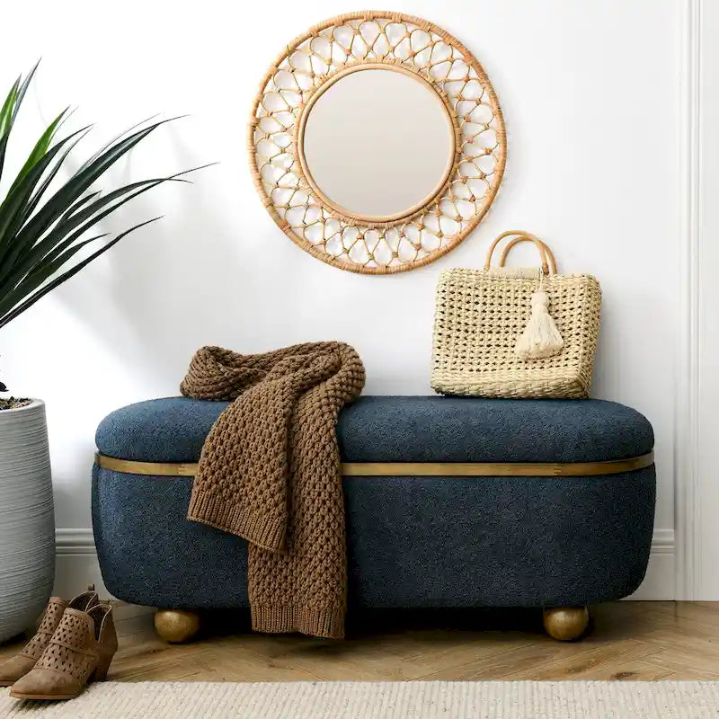 Textured Upholstered Storage Ottoman Bench with Foam Seat and Oval Wood Legs