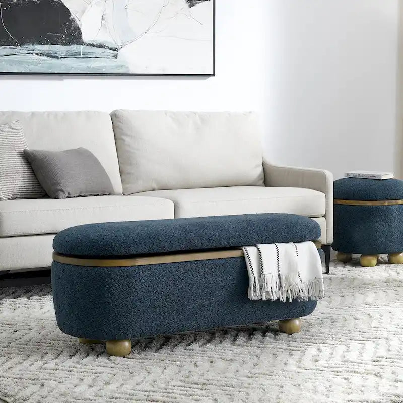 Textured Upholstered Storage Ottoman Bench with Foam Seat and Oval Wood Legs