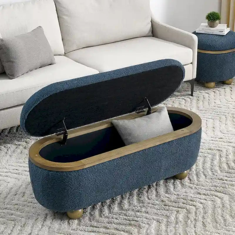 Textured Upholstered Storage Ottoman Bench with Foam Seat and Oval Wood Legs