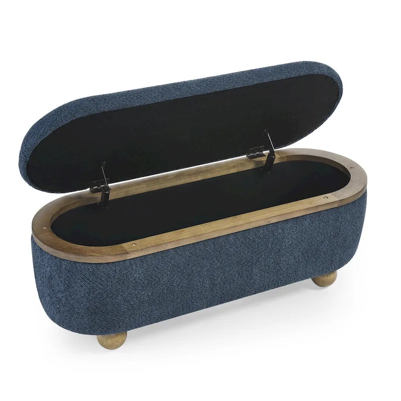 Textured Upholstered Storage Ottoman Bench with Foam Seat and Oval Wood Legs