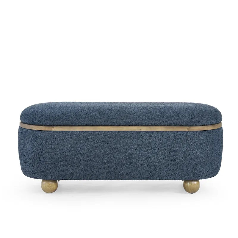 Textured Upholstered Storage Ottoman Bench with Foam Seat and Oval Wood Legs