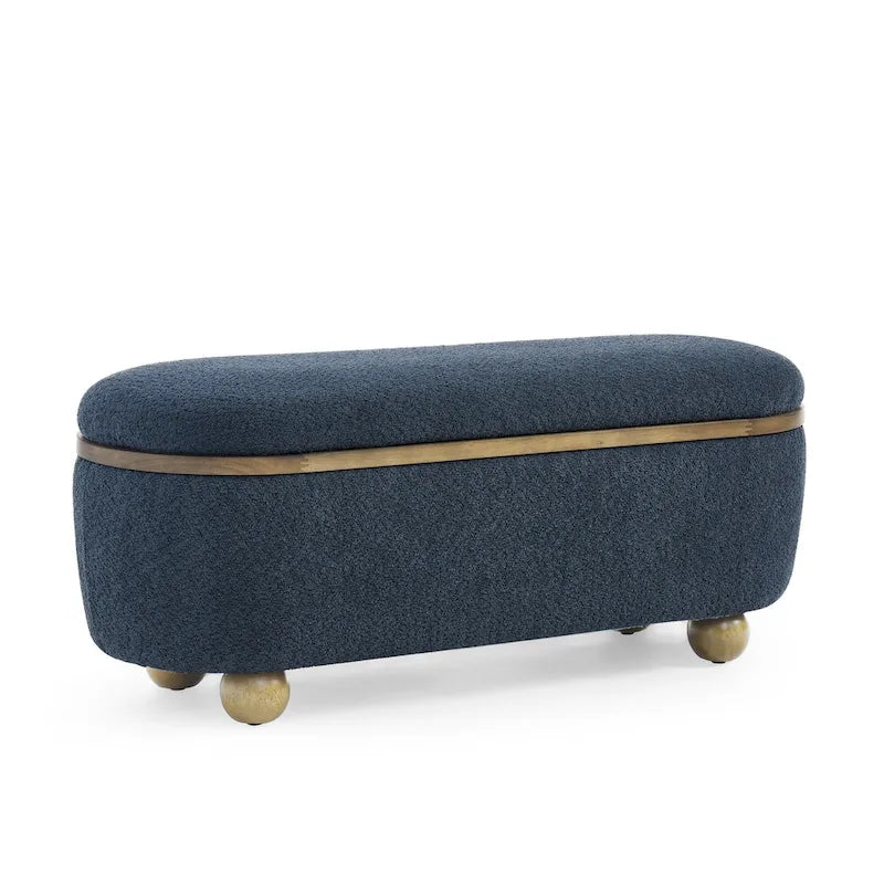 Textured Upholstered Storage Ottoman Bench with Foam Seat and Oval Wood Legs