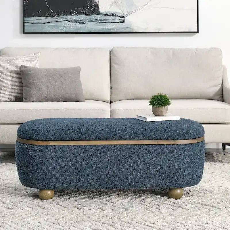 Textured Upholstered Storage Ottoman Bench with Foam Seat and Oval Wood Legs