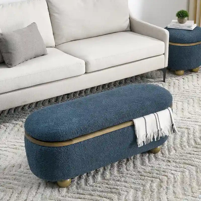 Textured Upholstered Storage Ottoman Bench with Foam Seat and Oval Wood Legs