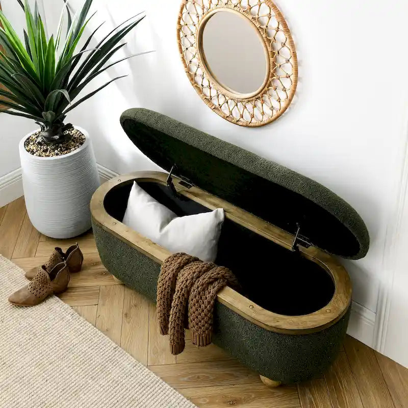 Textured Upholstered Storage Ottoman Bench with Foam Seat and Oval Wood Legs