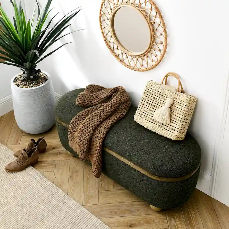 Textured Upholstered Storage Ottoman Bench with Foam Seat and Oval Wood Legs