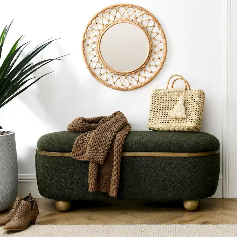 Textured Upholstered Storage Ottoman Bench with Foam Seat and Oval Wood Legs