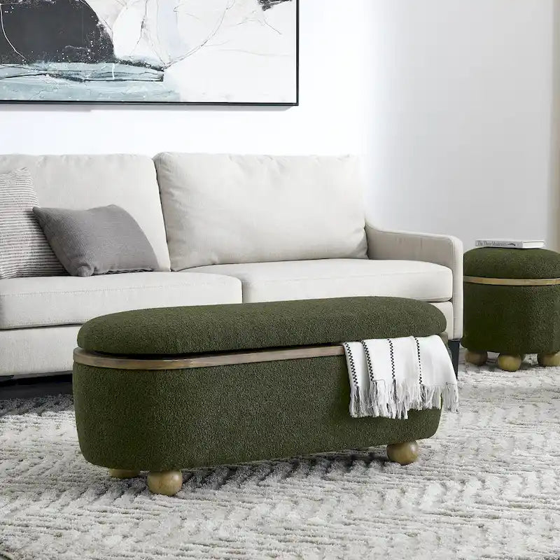 Textured Upholstered Storage Ottoman Bench with Foam Seat and Oval Wood Legs