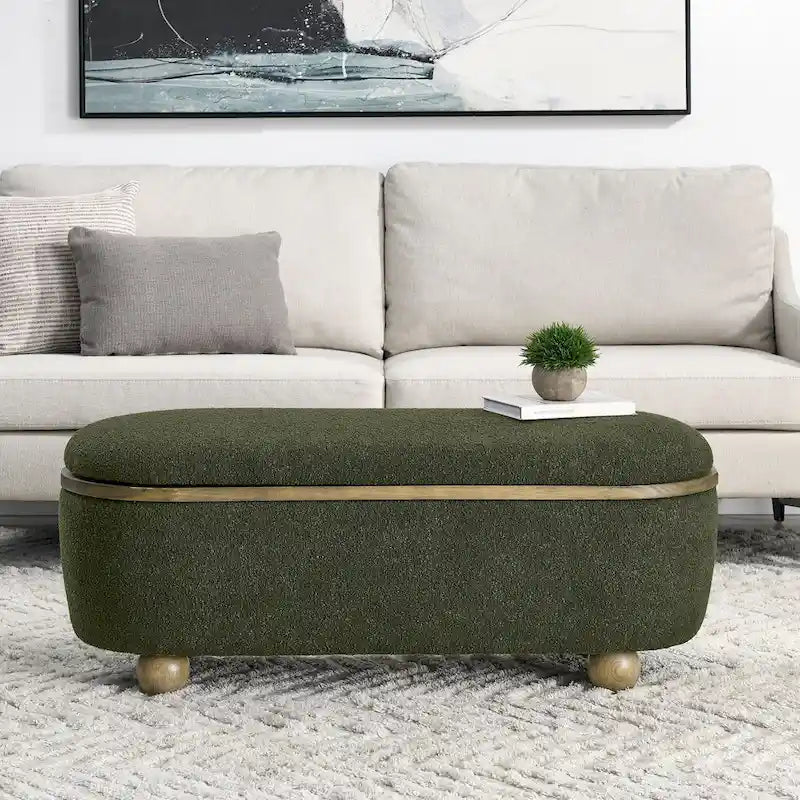 Textured Upholstered Storage Ottoman Bench with Foam Seat and Oval Wood Legs