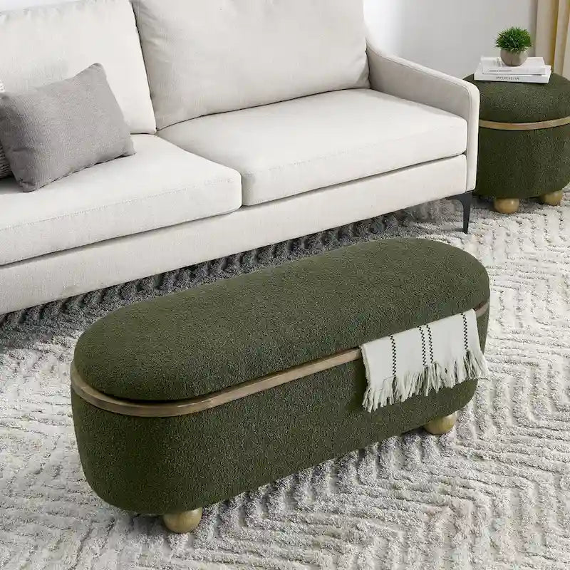 Textured Upholstered Storage Ottoman Bench with Foam Seat and Oval Wood Legs