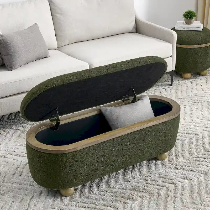 Textured Upholstered Storage Ottoman Bench with Foam Seat and Oval Wood Legs
