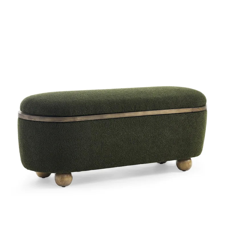 Textured Upholstered Storage Ottoman Bench with Foam Seat and Oval Wood Legs