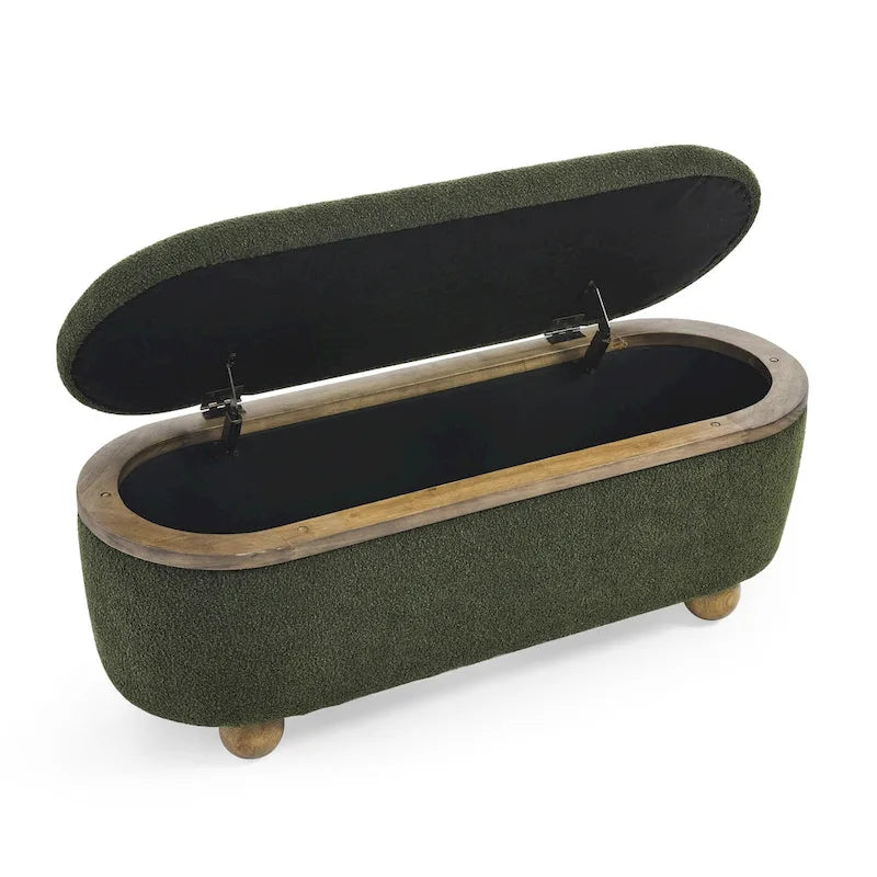 Textured Upholstered Storage Ottoman Bench with Foam Seat and Oval Wood Legs