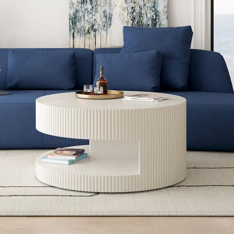 Modern Round Coffee Table with Two-Tier Storage and Fluted Design