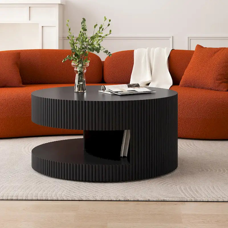 Modern Round Coffee Table with Two-Tier Storage and Fluted Design