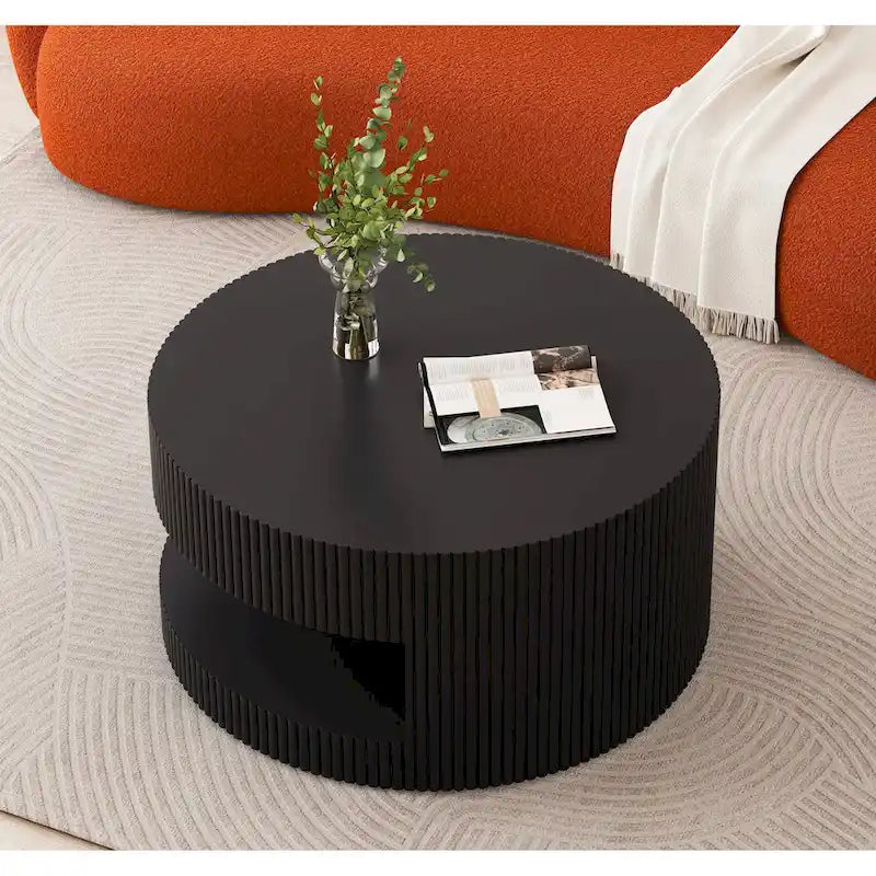 Modern Round Coffee Table with Two-Tier Storage and Fluted Design
