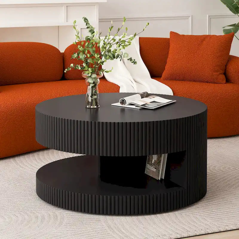 Modern Round Coffee Table with Two-Tier Storage and Fluted Design