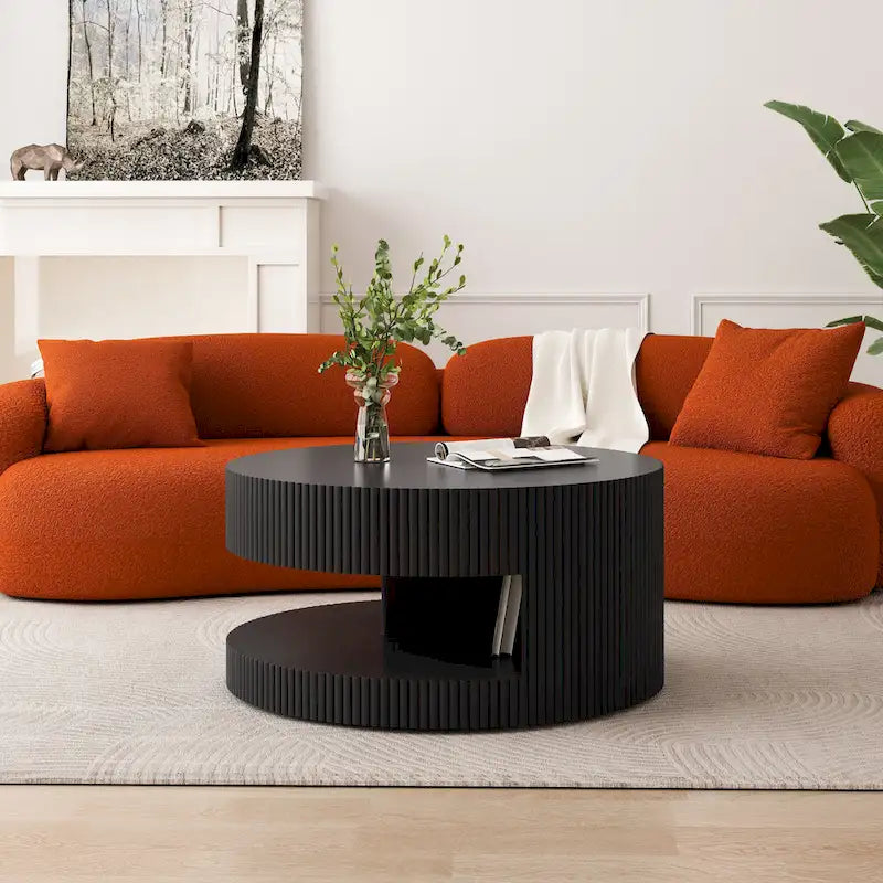 Modern Round Coffee Table with Two-Tier Storage and Fluted Design