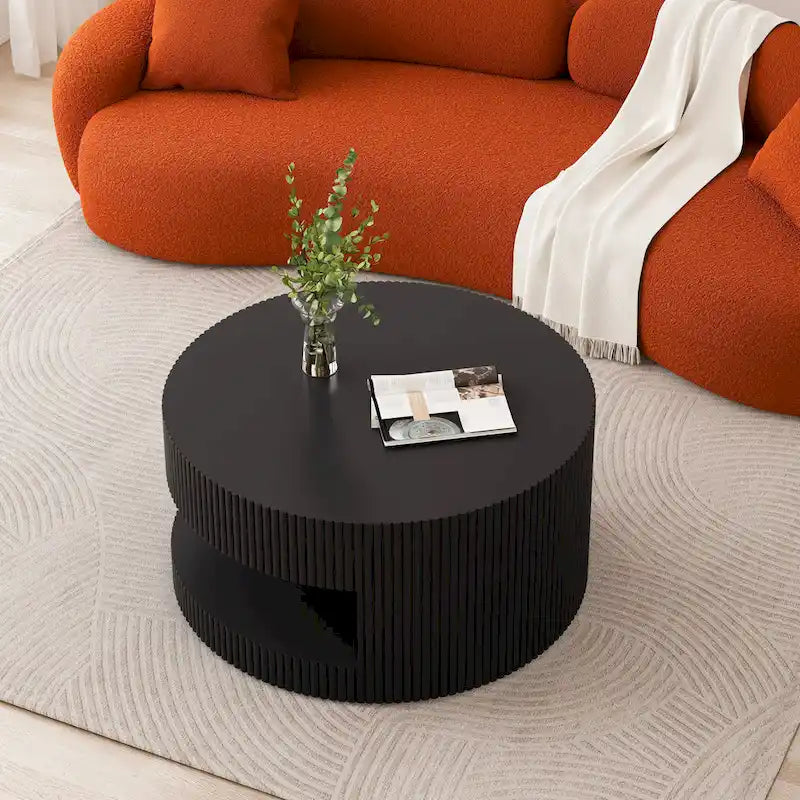Modern Round Coffee Table with Two-Tier Storage and Fluted Design