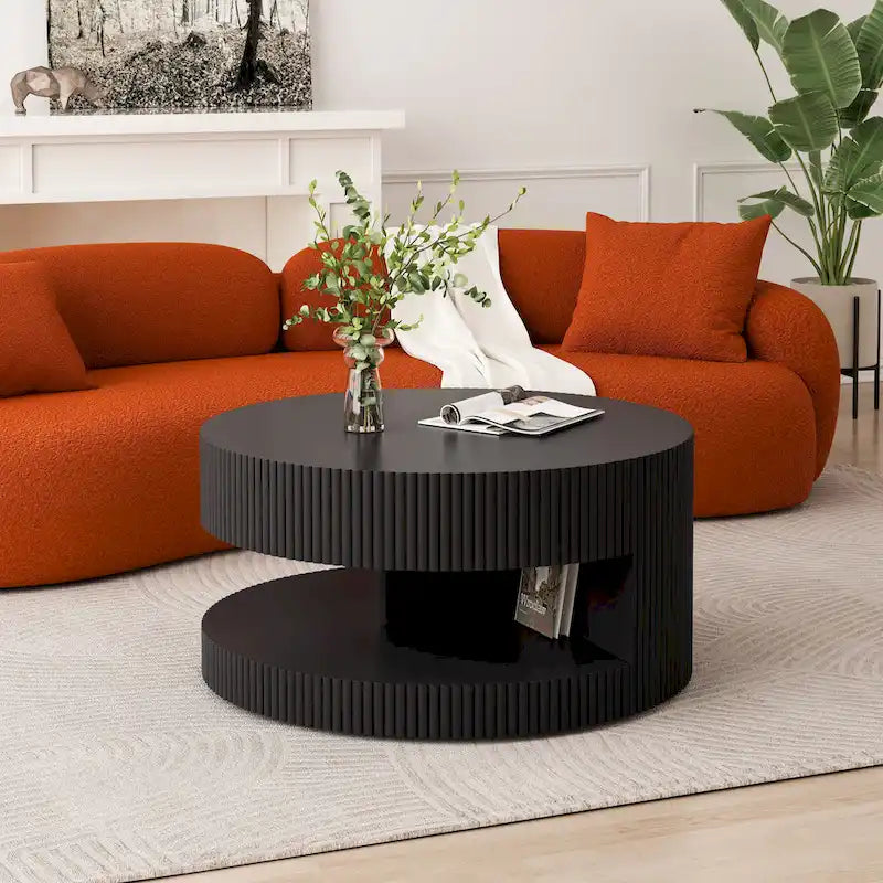 Modern Round Coffee Table with Two-Tier Storage and Fluted Design