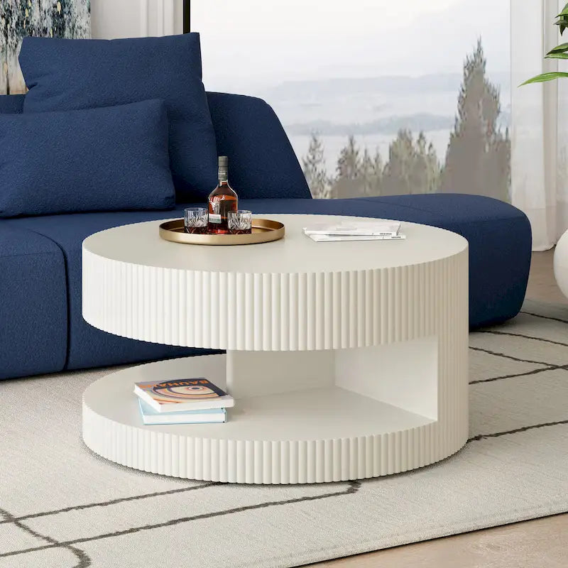 Modern Round Coffee Table with Two-Tier Storage and Fluted Design