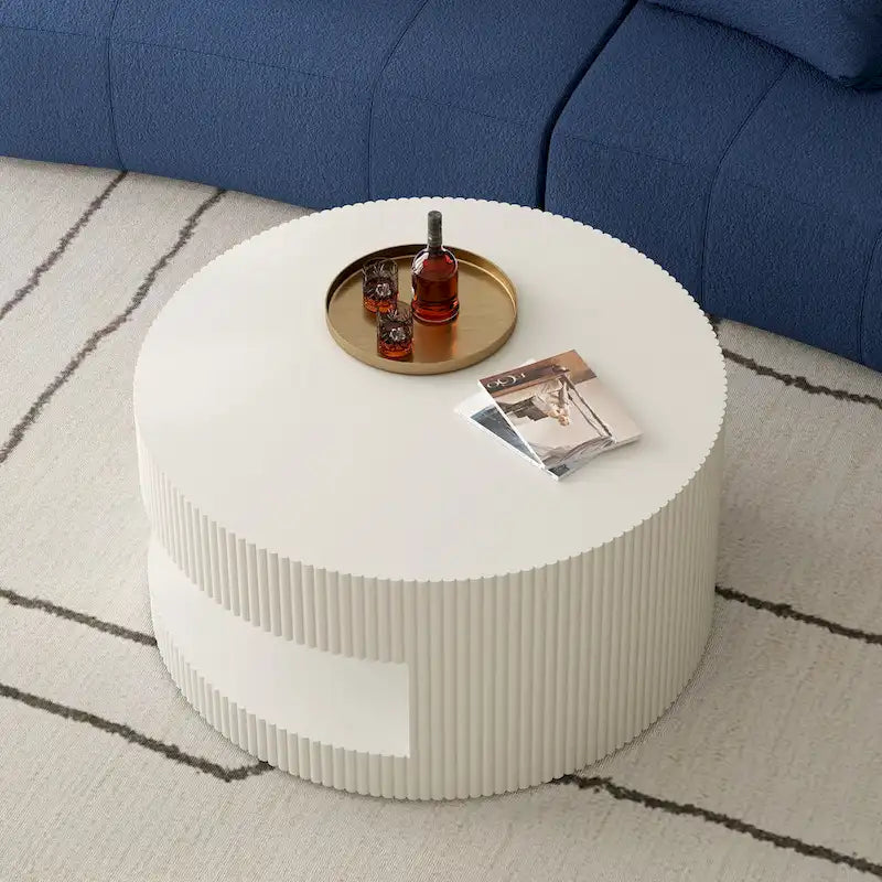 Modern Round Coffee Table with Two-Tier Storage and Fluted Design