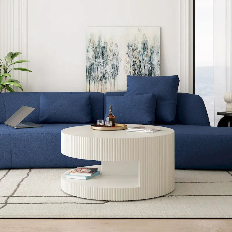 Modern Round Coffee Table with Two-Tier Storage and Fluted Design