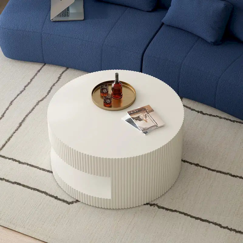 Modern Round Coffee Table with Two-Tier Storage and Fluted Design