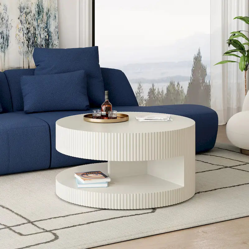 Modern Round Coffee Table with Two-Tier Storage and Fluted Design