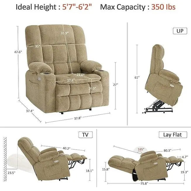 Dual-Motor Power Lift Recliner with Massage, Heat and USB