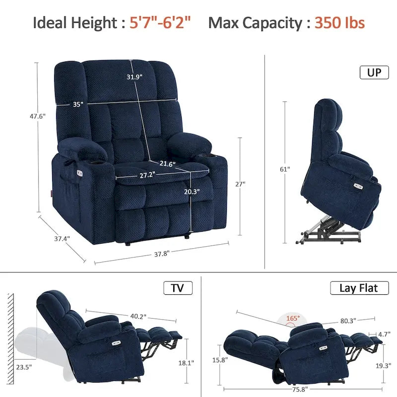 Dual-Motor Power Lift Recliner with Massage, Heat and USB