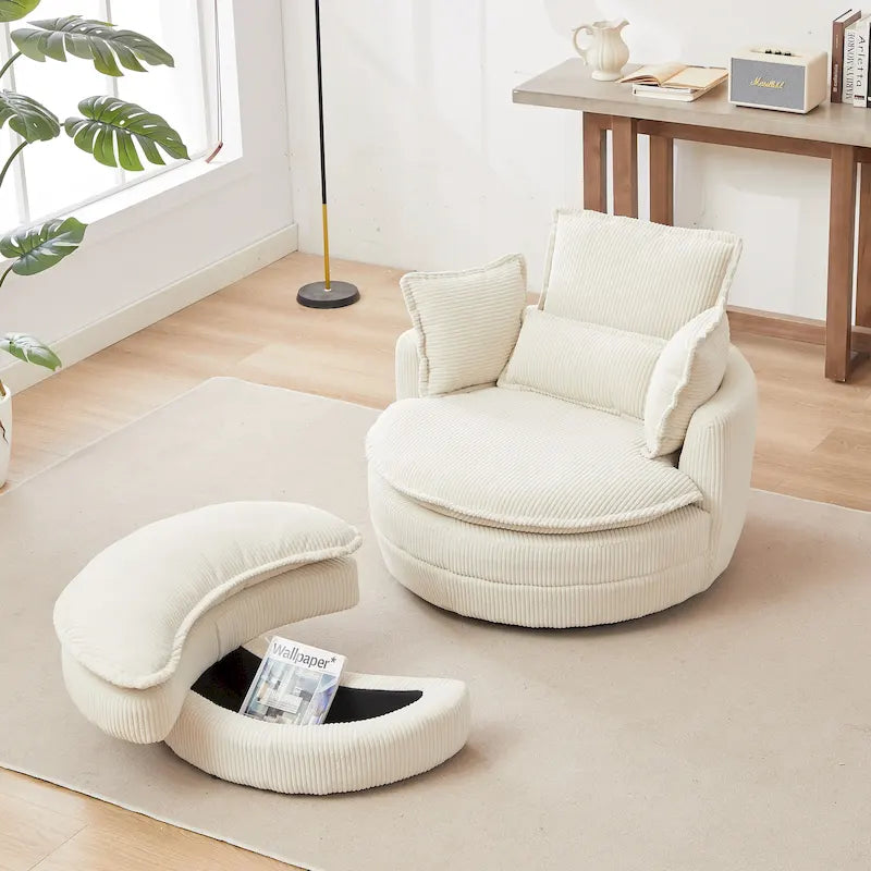 Oversized Swivel Barrel Chair with Storage Ottoman