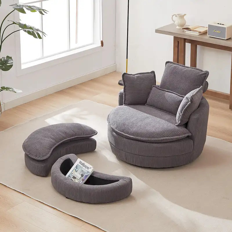 Oversized Swivel Barrel Chair with Storage Ottoman